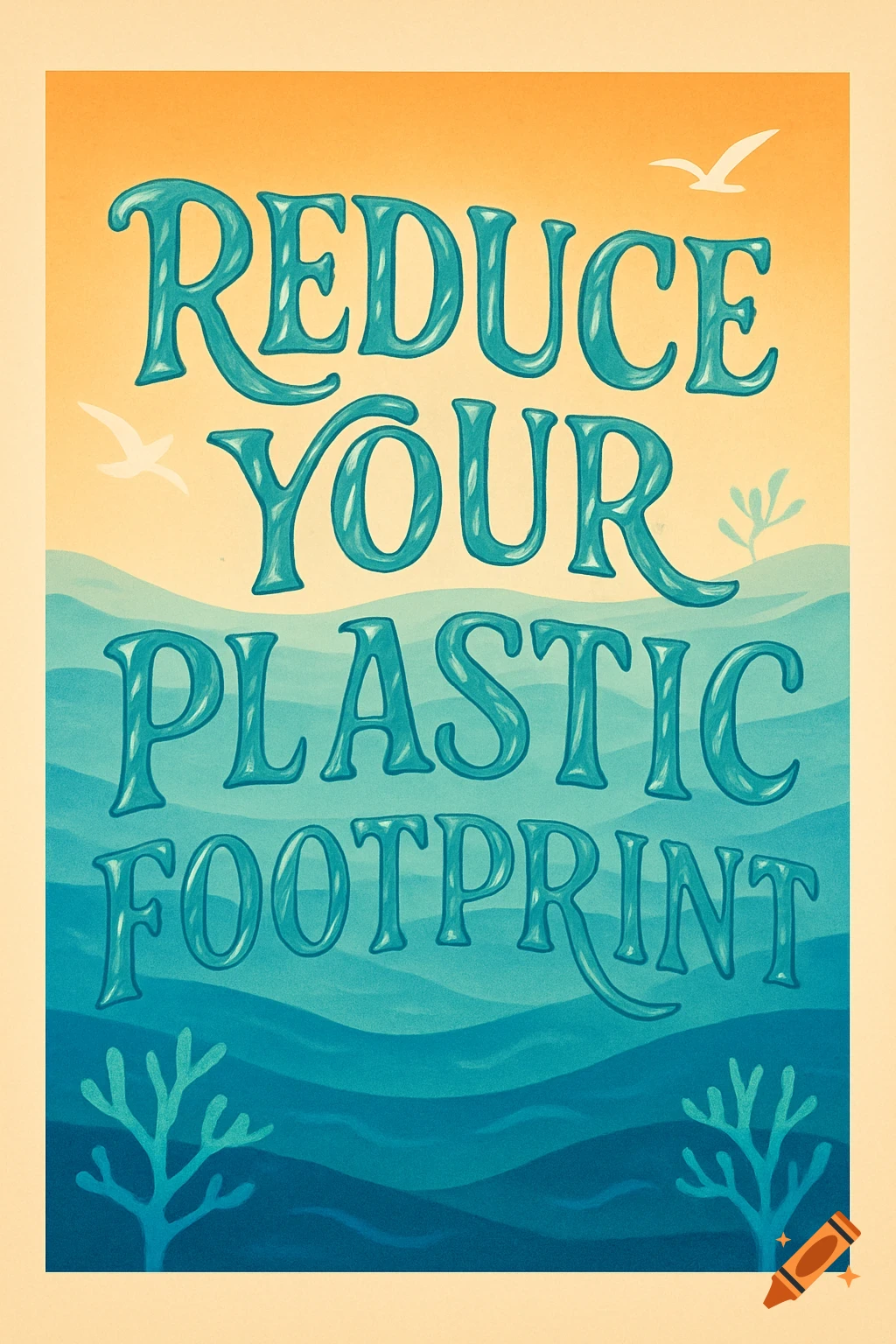 A stylized poster with waving blue text "Reduce Your Plastic Footprint" against an orange sky and blue ocean waves with coral.