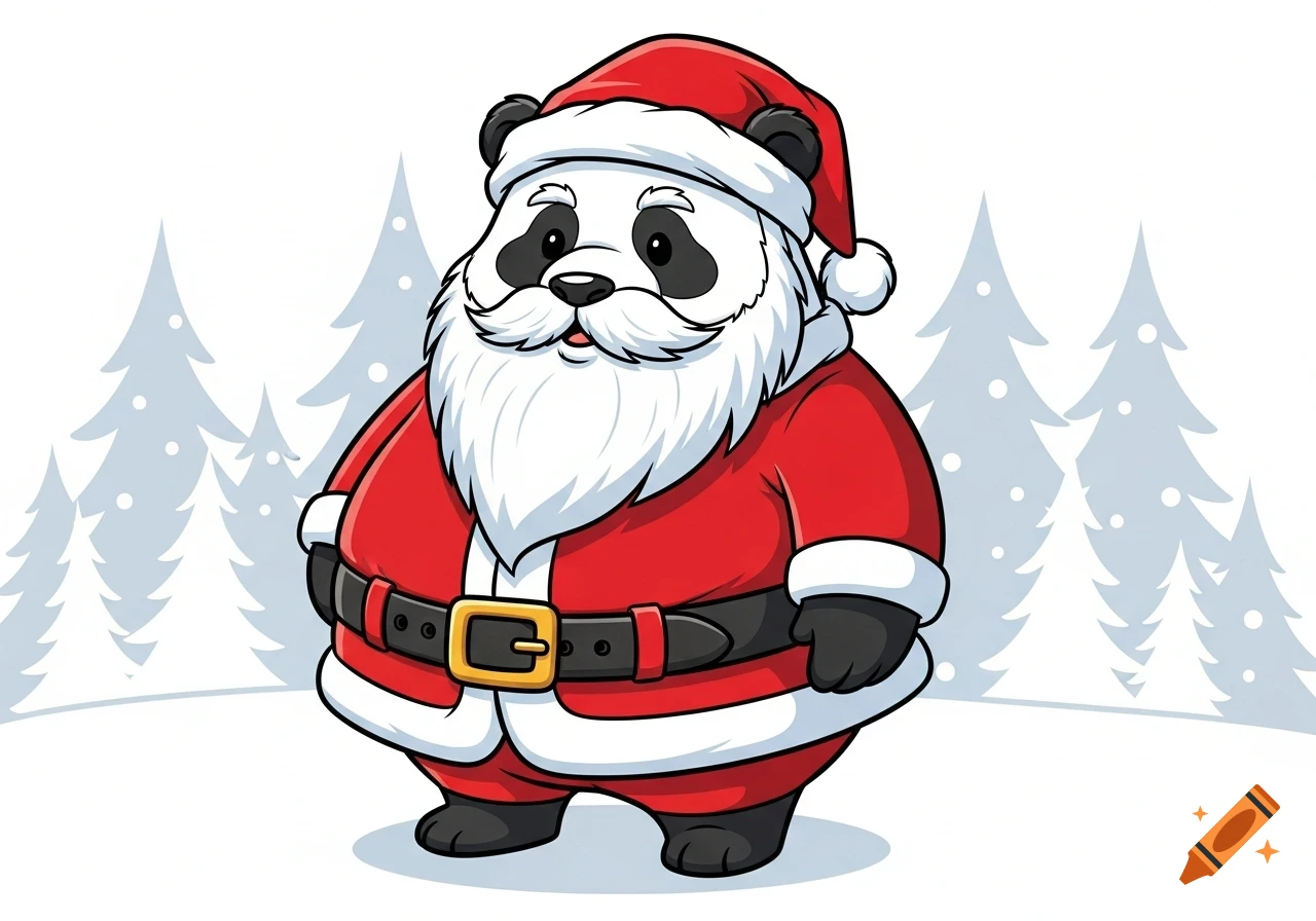 A cute cartoon panda dressed as Santa Claus with a white beard and red suit, standing in a snowy landscape with evergreen trees.