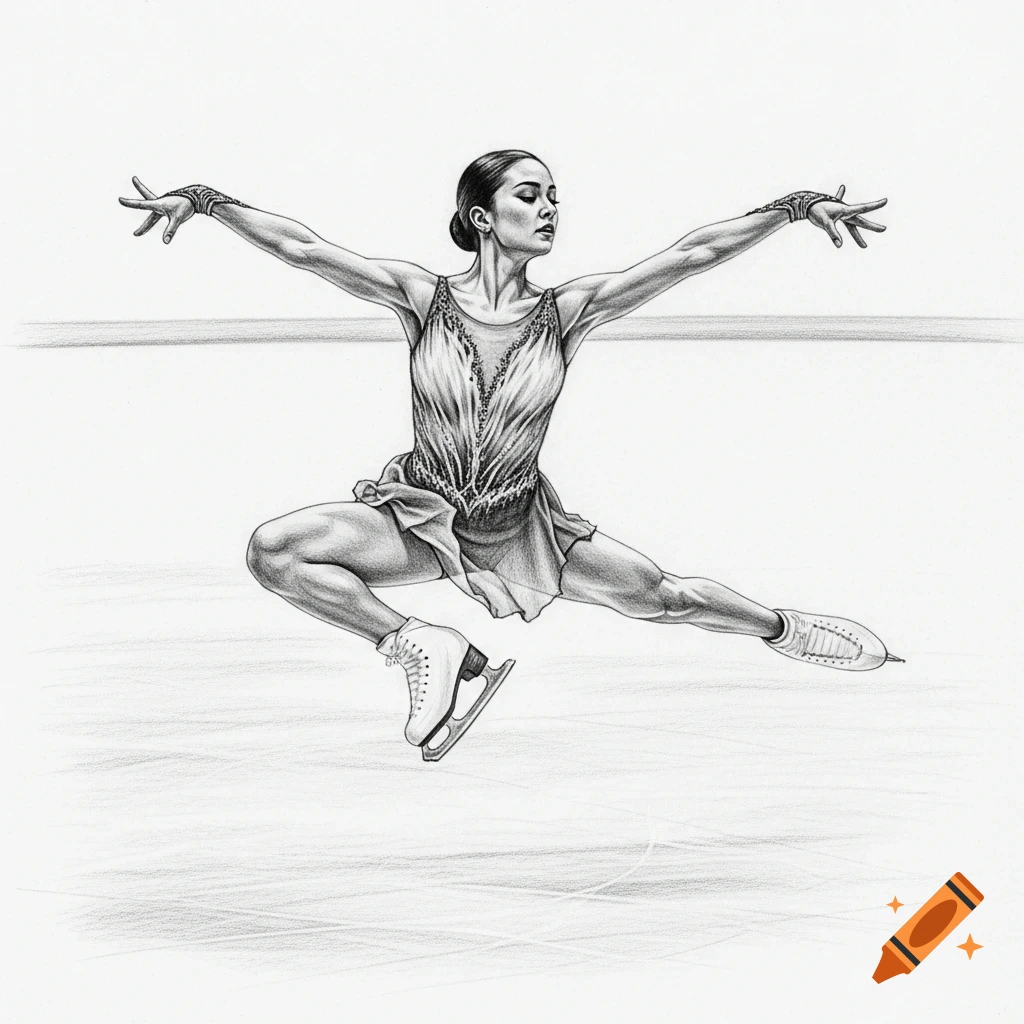 Graphite pencil sketch of a female figure skater mid-air during a jump on ice.