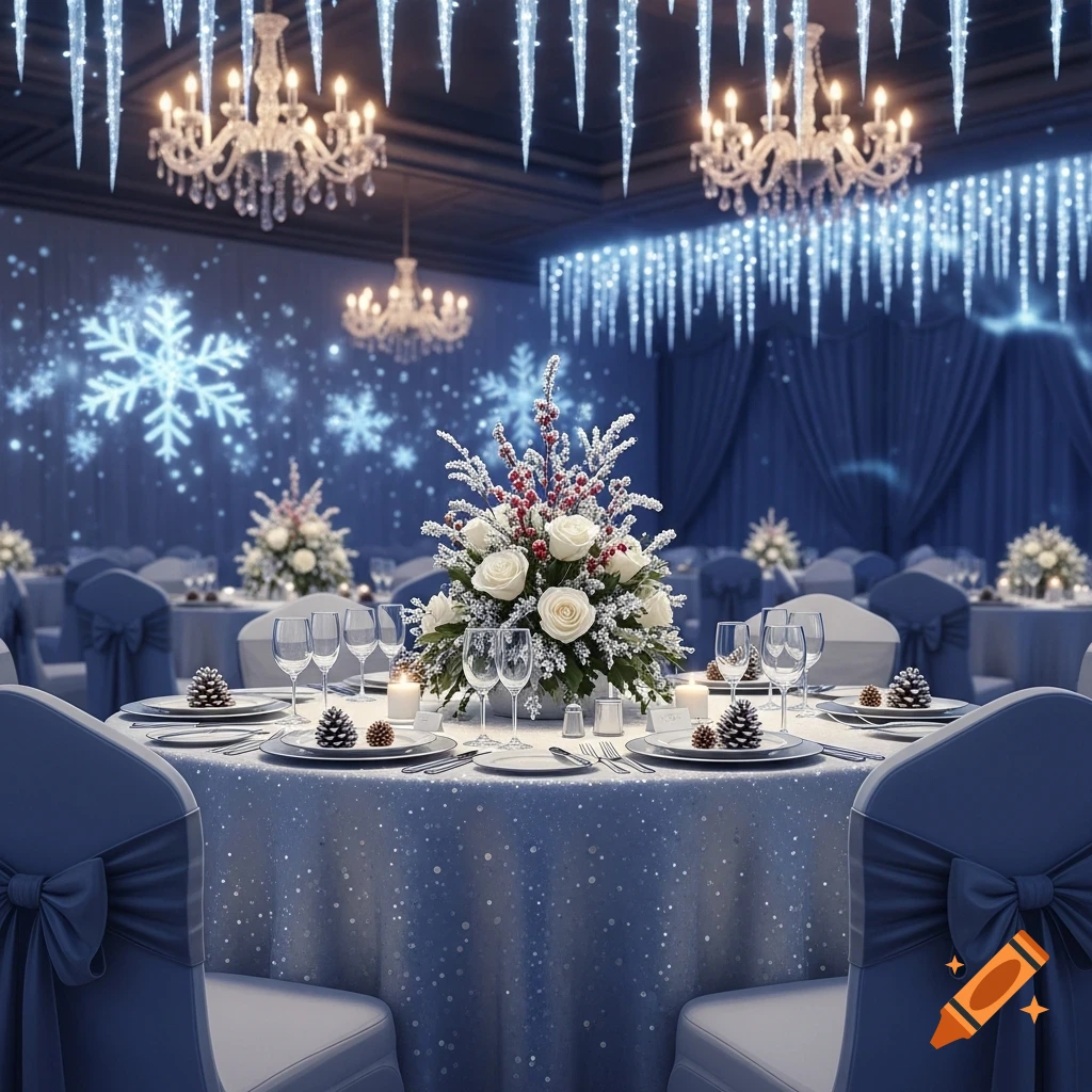 Winter-themed wedding reception hall with blue lighting, snowflake projections, icicle decor, and elegant tables with floral centerpieces.
