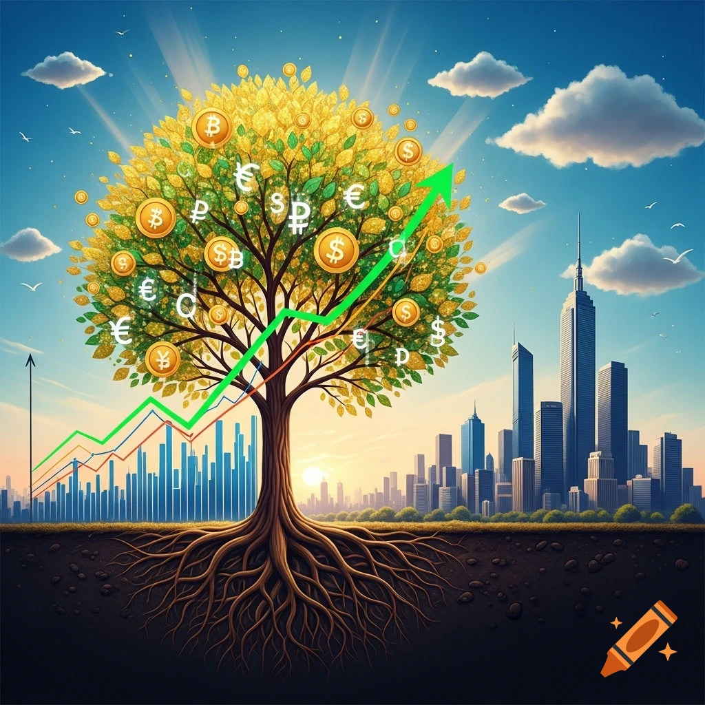 A money tree with gold coins featuring various currency symbols, rooted in soil with a cityscape and rising stock graph in the background at sunset.