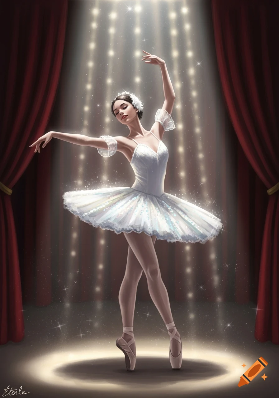 A ballerina in a sparkling white tutu performs on a stage, illuminated by a spotlight against red curtains and falling light.
