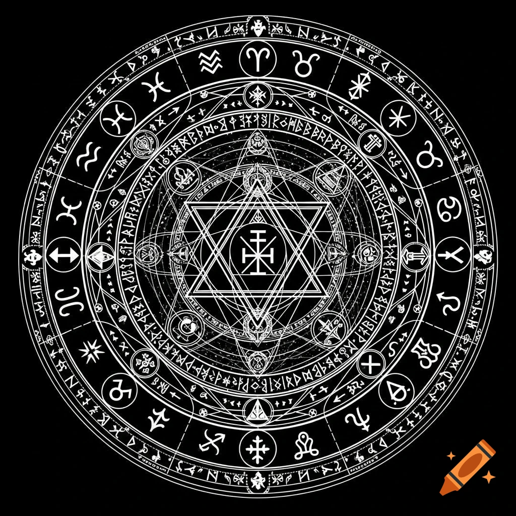 An intricate circular sigil with concentric rings of zodiac, alchemical, and runic symbols around a central hexagram, white on black.