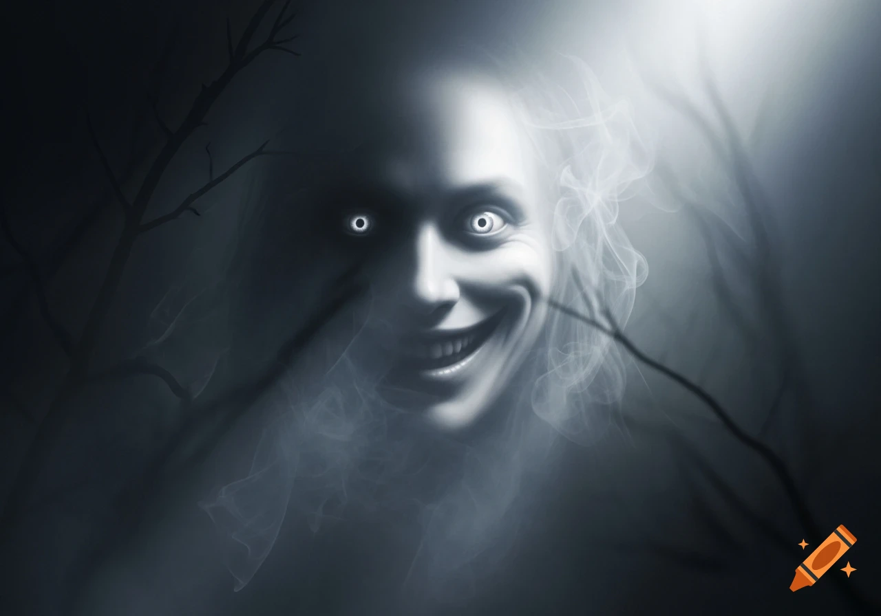 A pale, creepy smiling face with glowing white eyes emerges from dark mist and tree branches.
