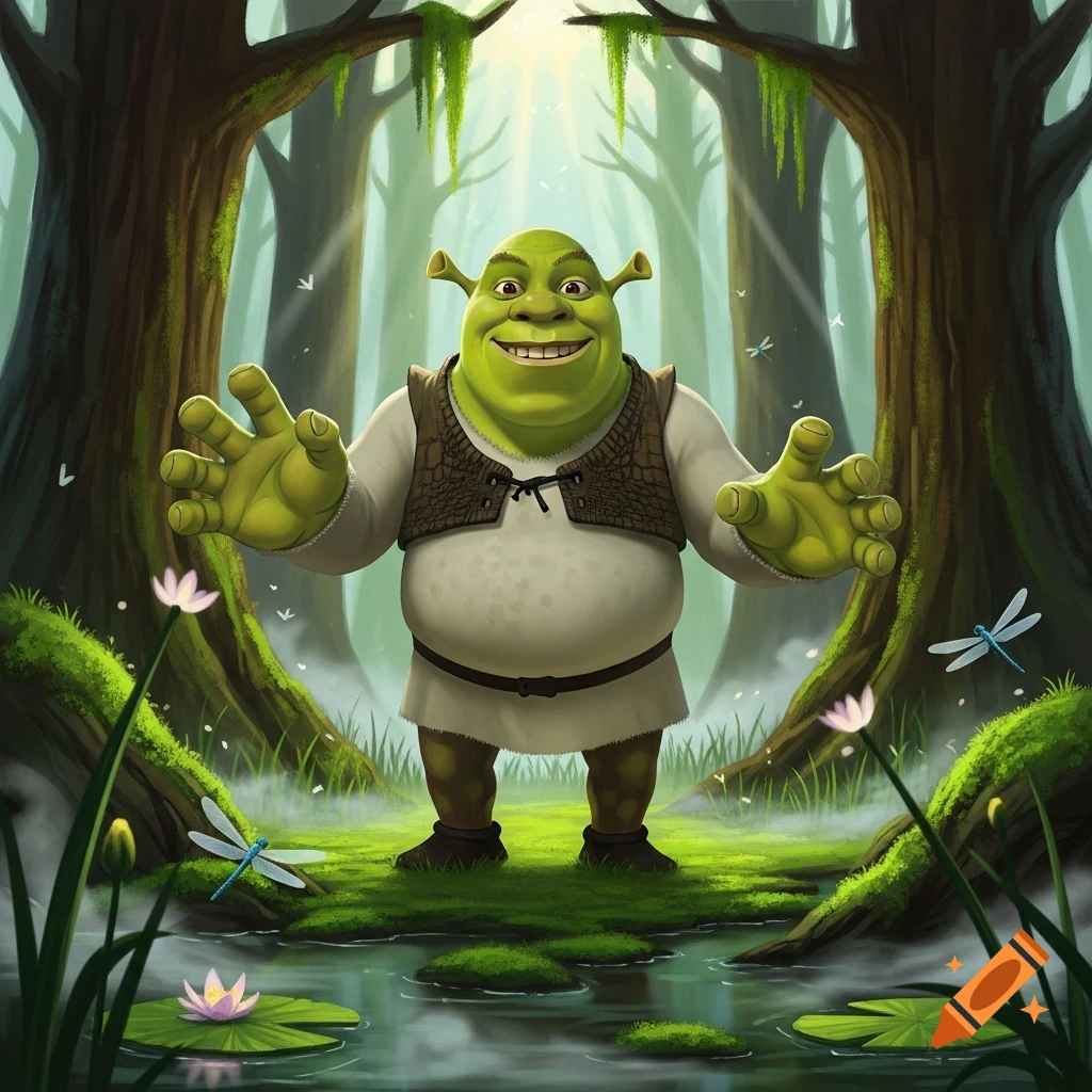 Shrek stands with open arms in a vibrant, misty green swamp with lily pads, trees, and dragonflies.
