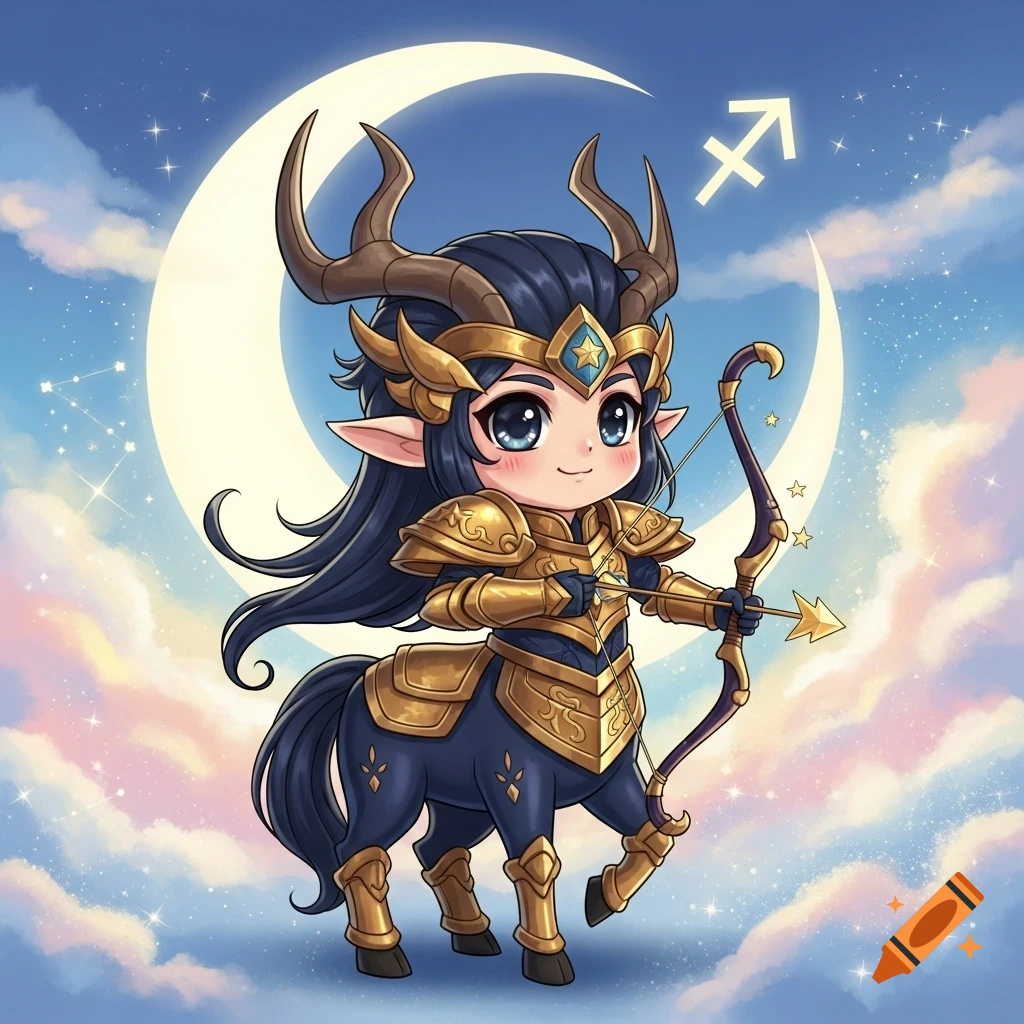 Chibi Sagittarius centaur archer in golden armor, against a crescent moon and starry sky.
