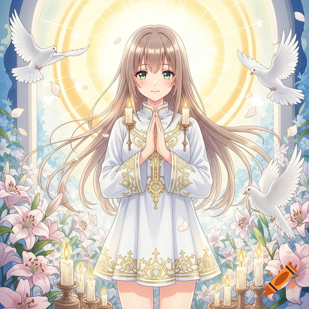 Anime girl in white tunic with gold trim, praying amidst doves, lilies, and candles under a golden halo.