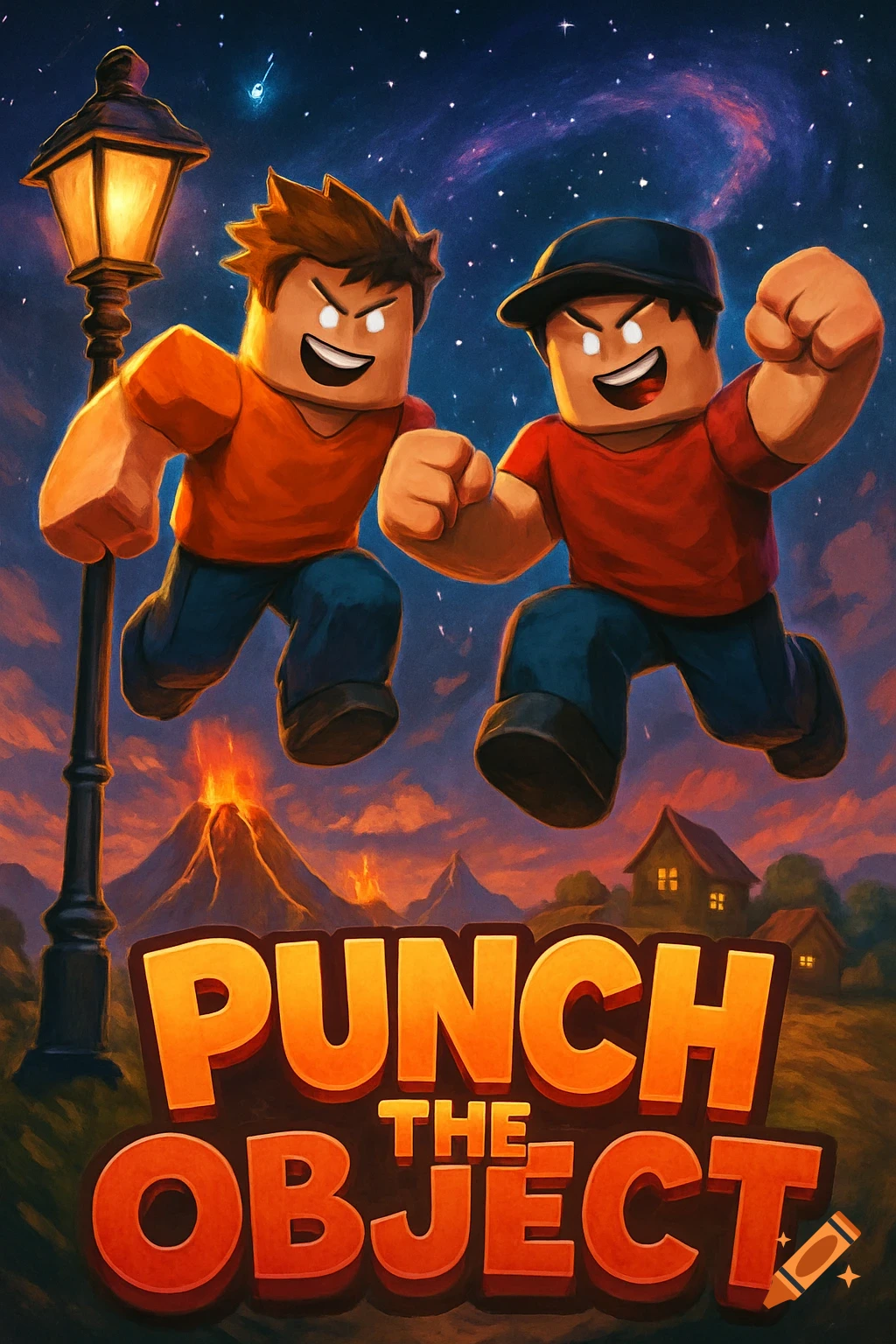 Two Roblox-style characters jump and punch near a lamppost, volcano, and houses under a starry sky. Text: 'Punch the Object'.