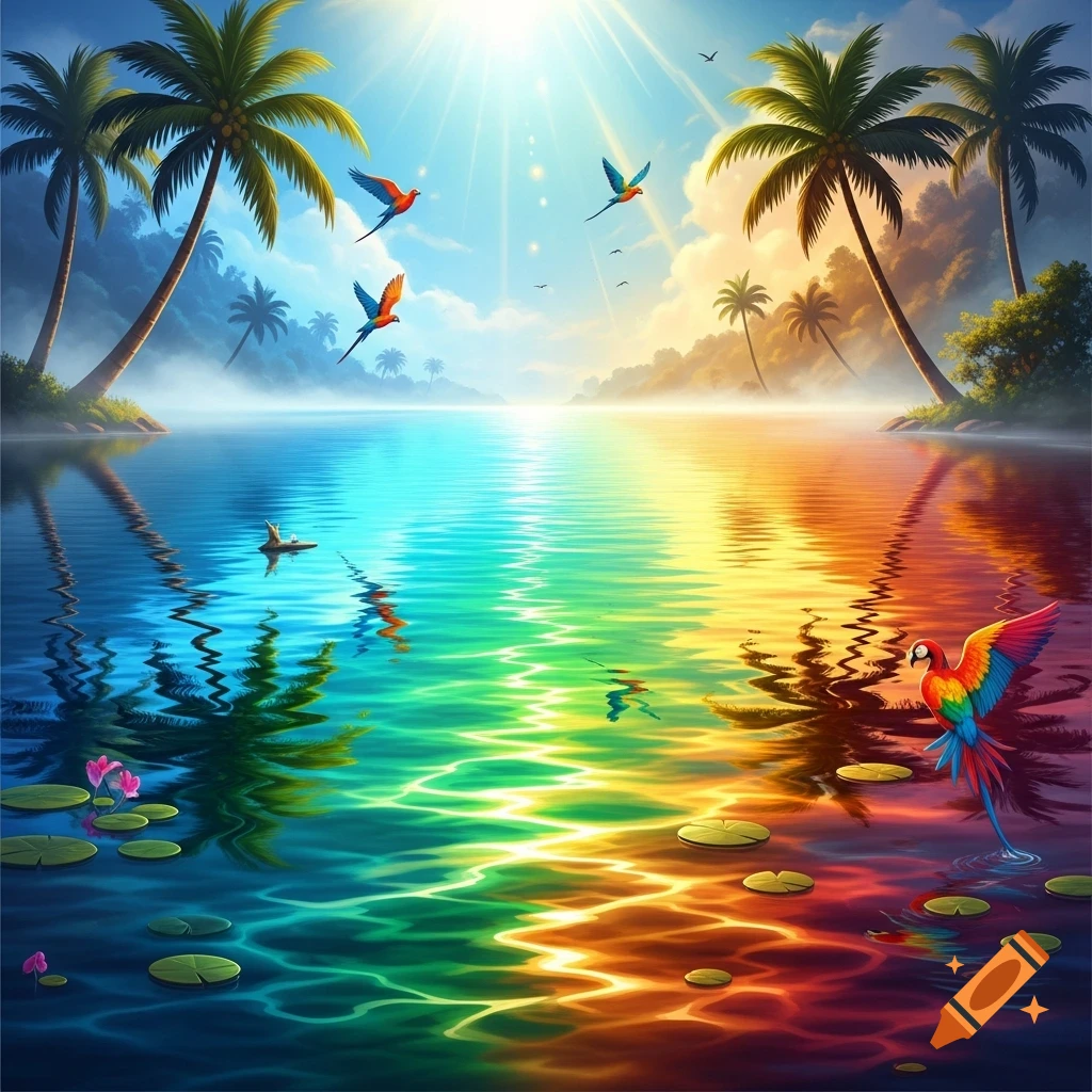 A vibrant, colorful tropical landscape with palm trees, a rainbow-colored lake, and parrots flying in a sunny sky.