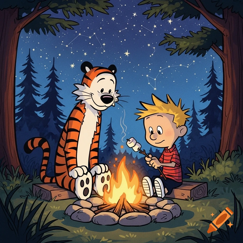 Calvin and Hobbes cartoon roasting marshmallows over a campfire at night in a forest.