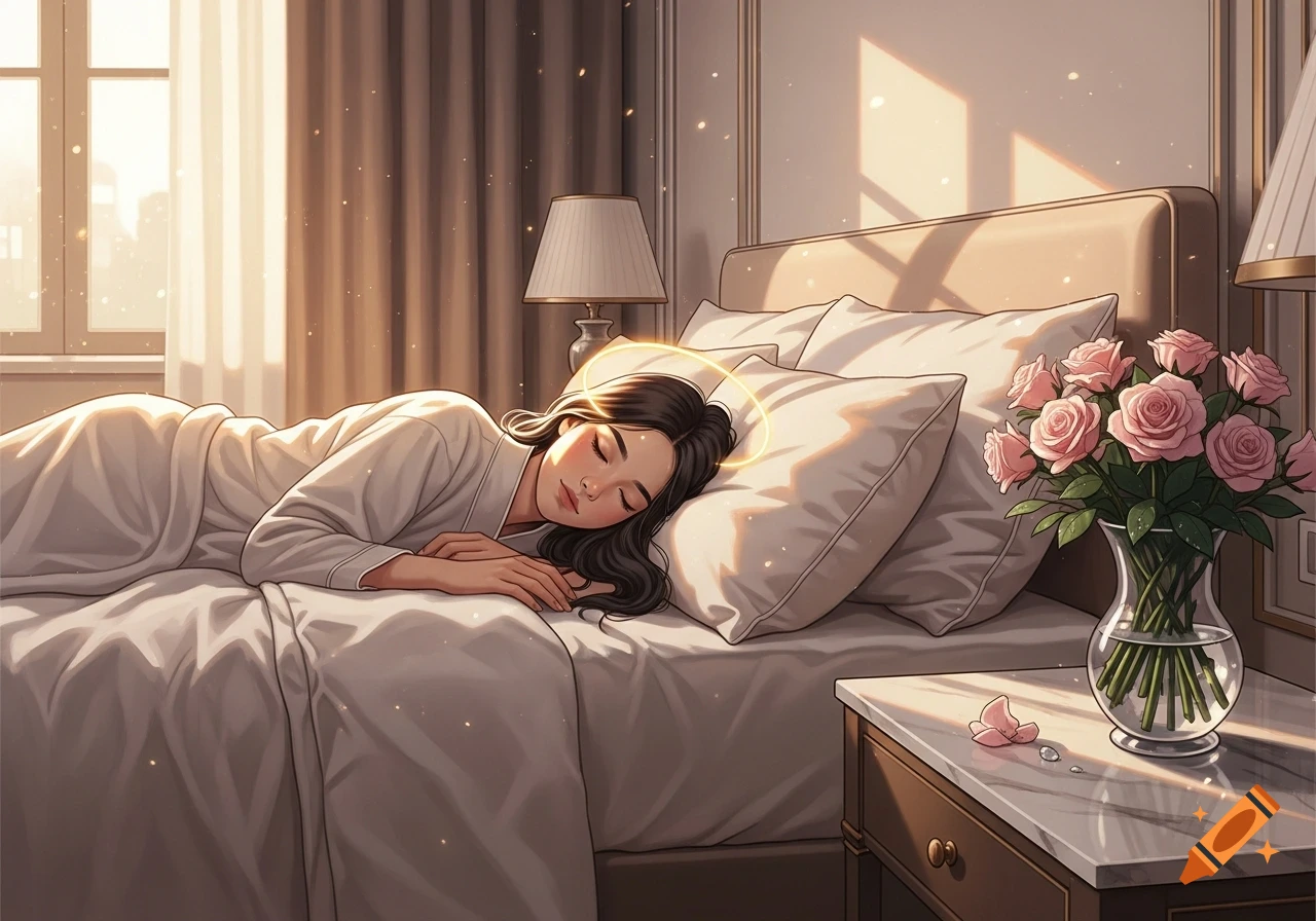 A serene young woman with dark hair sleeps peacefully in a white robe on a bed in a sunlit bedroom with pink roses.