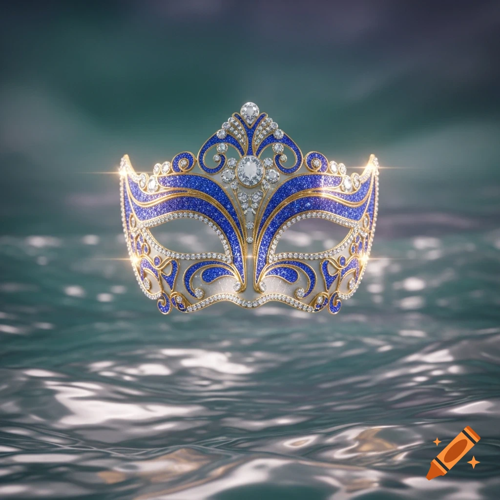 An ornate blue and gold masquerade mask, heavily adorned with glitter and diamonds, floats above shimmering water.