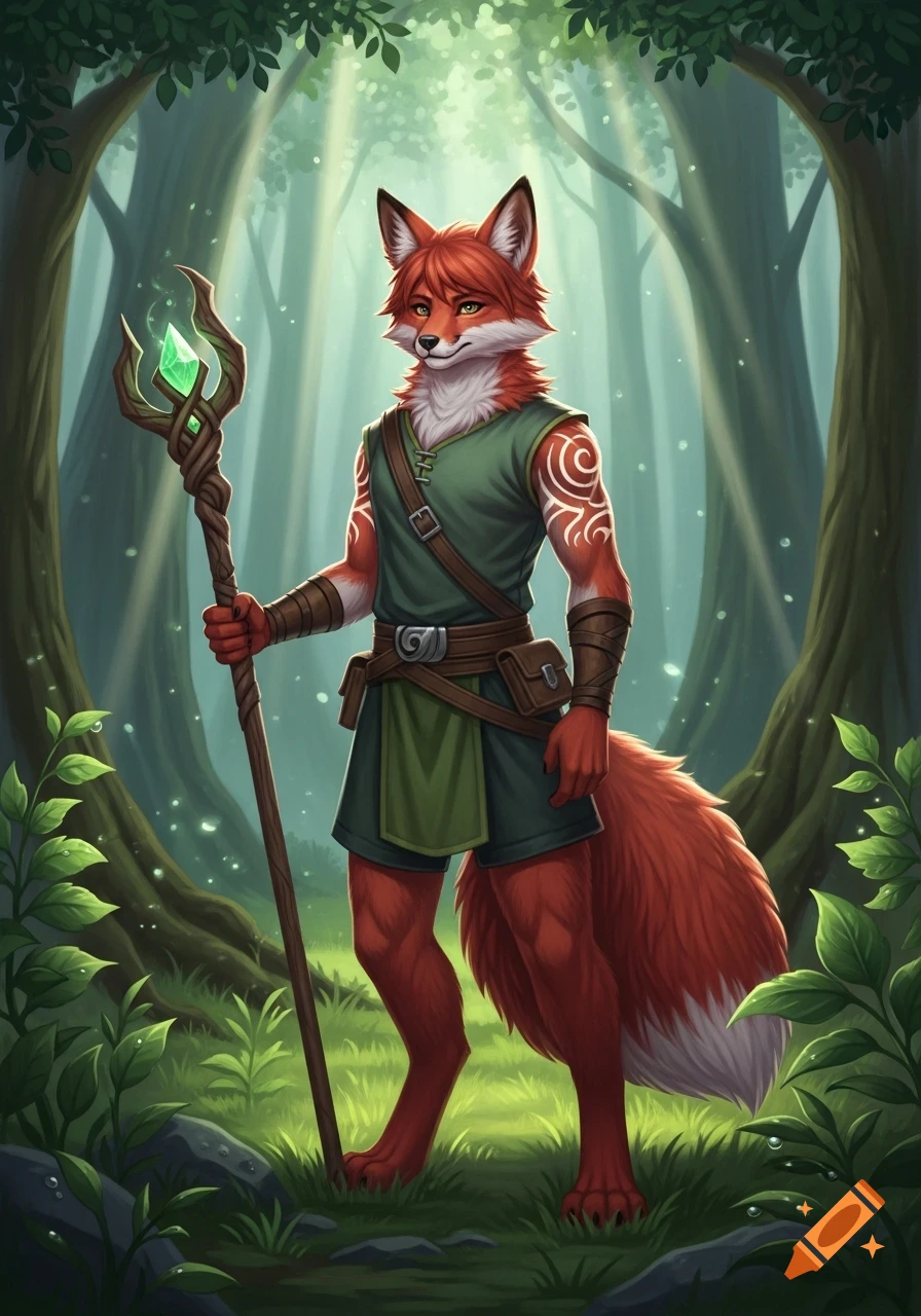 A red and white humanoid fox sorcerer, dressed in green, stands in a sunlit fantasy forest, holding an ornate staff with a green crystal.