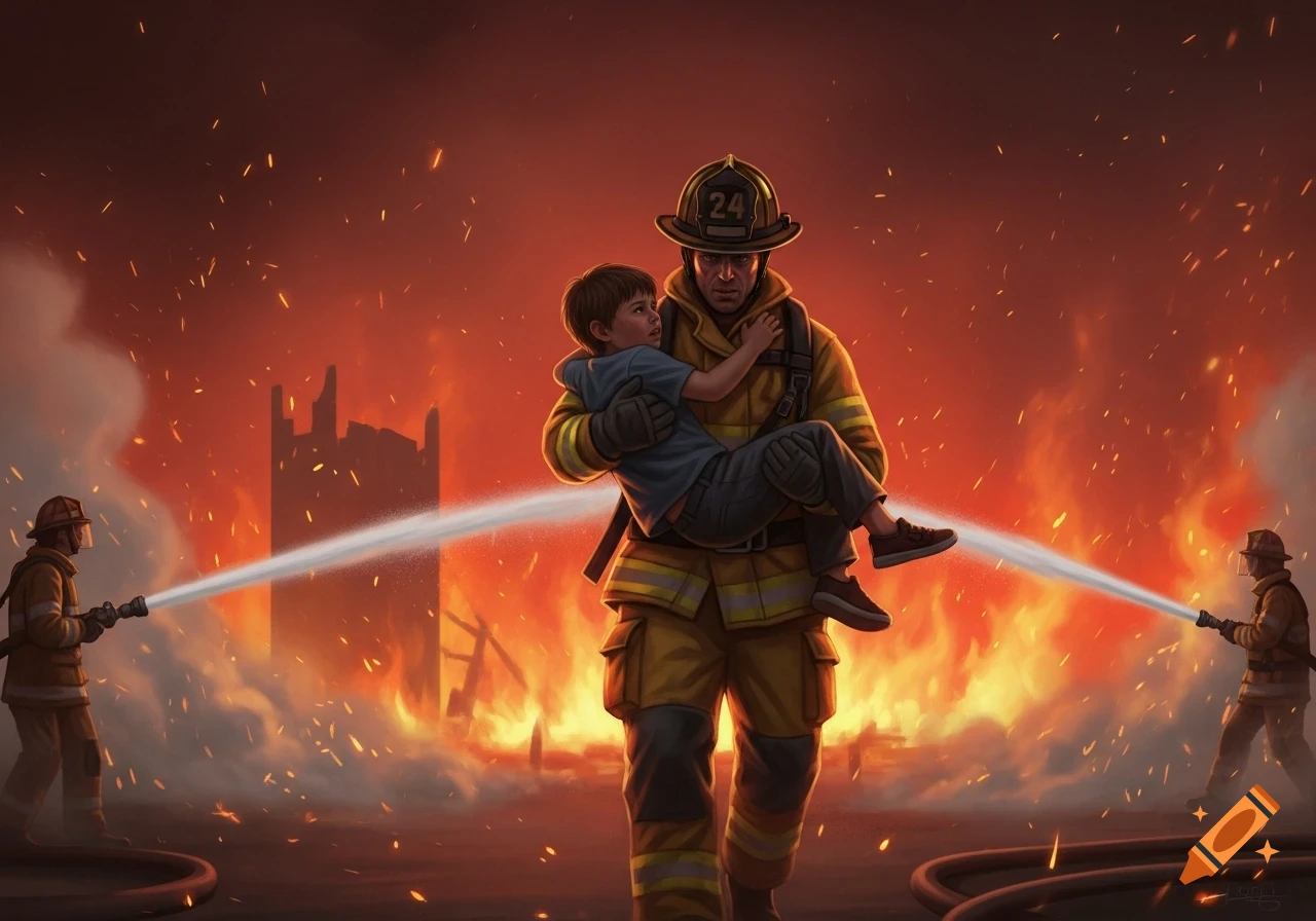 A heroic firefighter carries a child away from a burning building, with other firefighters battling the blaze.