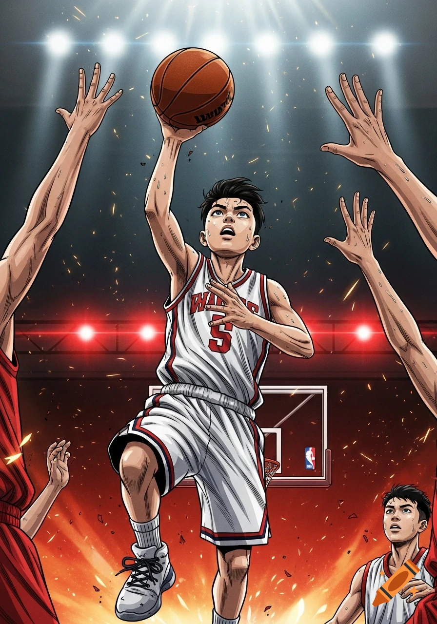 A graphic novel illustration of a teen basketball player in a white jersey jumping for a shot over outstretched arms on a fiery-toned court.