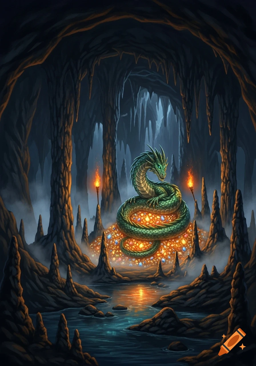 A green dragon coils atop a pile of glowing gold and gems in a dark, cavernous lair with torches and water.