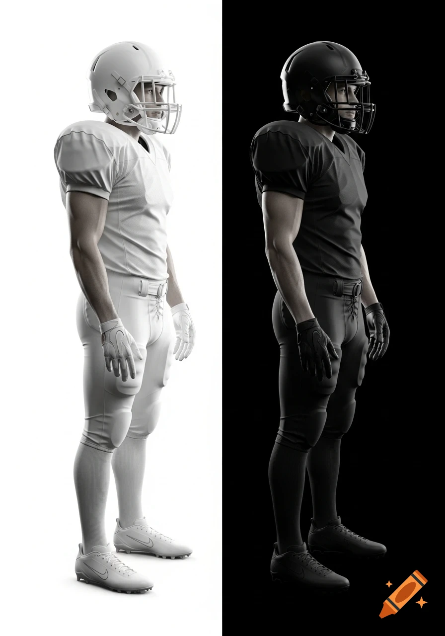 Two identical American football players in profile, one in a white uniform on a white background and one in a black uniform on a black background.
