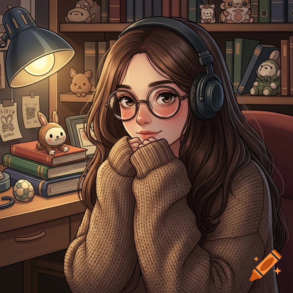 Anime girl with brown hair, glasses, headphones, and a sweater sitting at a desk with books and a lamp.
