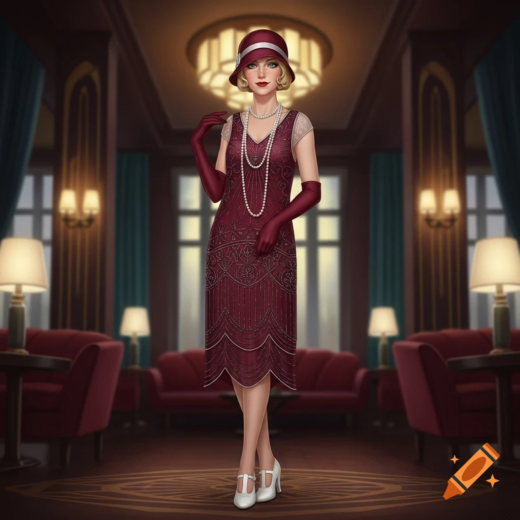 A woman in a burgundy 1920s flapper dress, cloche hat, and pearls poses in a vintage-style room.