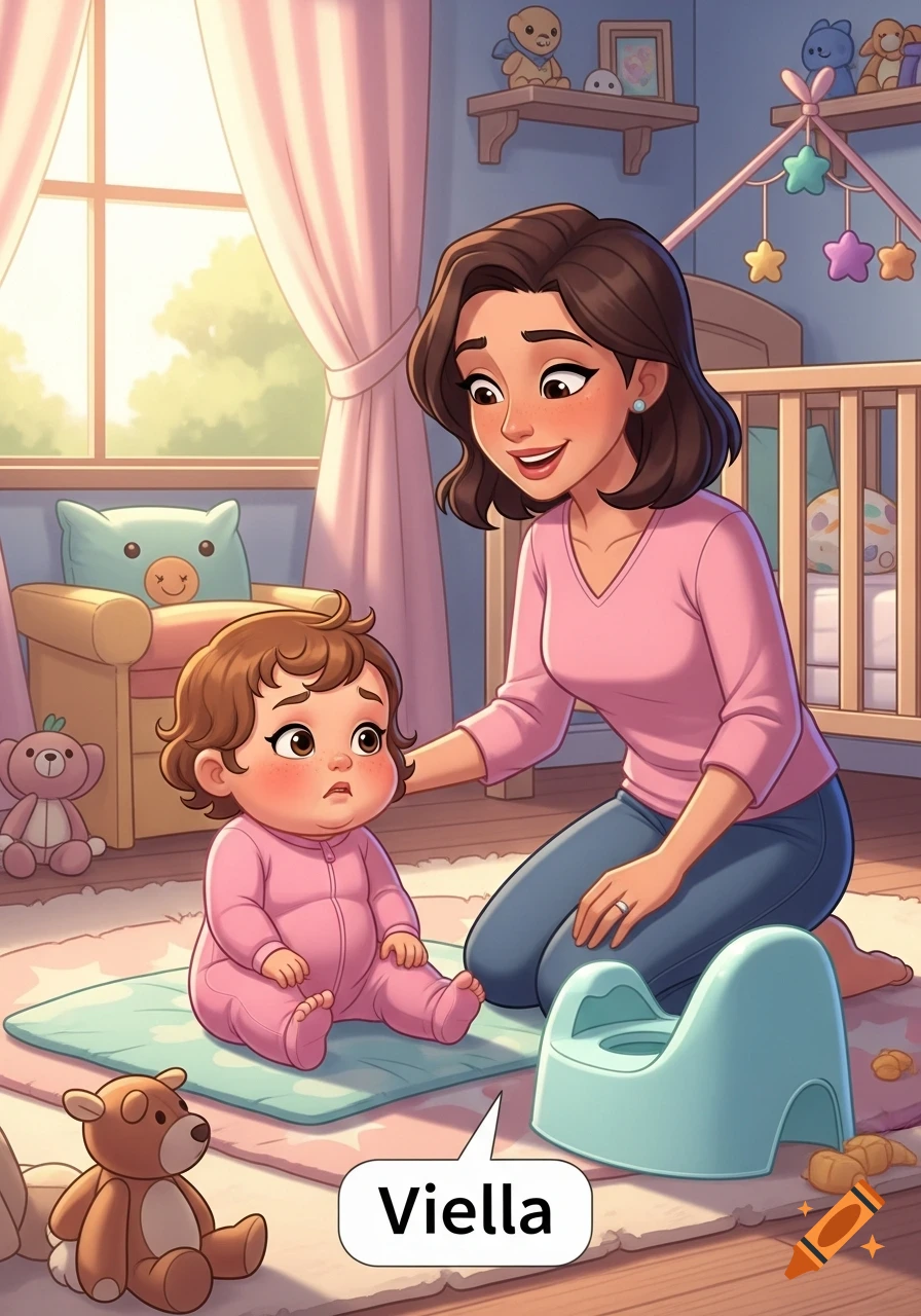 Cartoon of a mother with brown hair kneeling next to a baby in a pink onesie and a blue potty in a bright nursery.