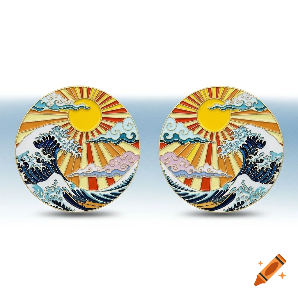 Two circular enamel pins in a Japanese art style, featuring a sun, clouds, and a large ocean wave.