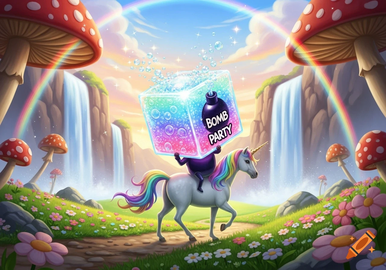 A whimsical unicorn with a rainbow mane carries a fizzing 'BOMB PARTY' cube through a fantasy land with waterfalls, mushrooms, and rainbows.