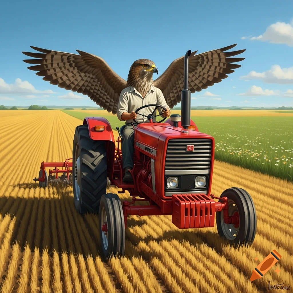 A photorealistic hawk-headed man drives a red tractor through a golden field under a bright blue sky.