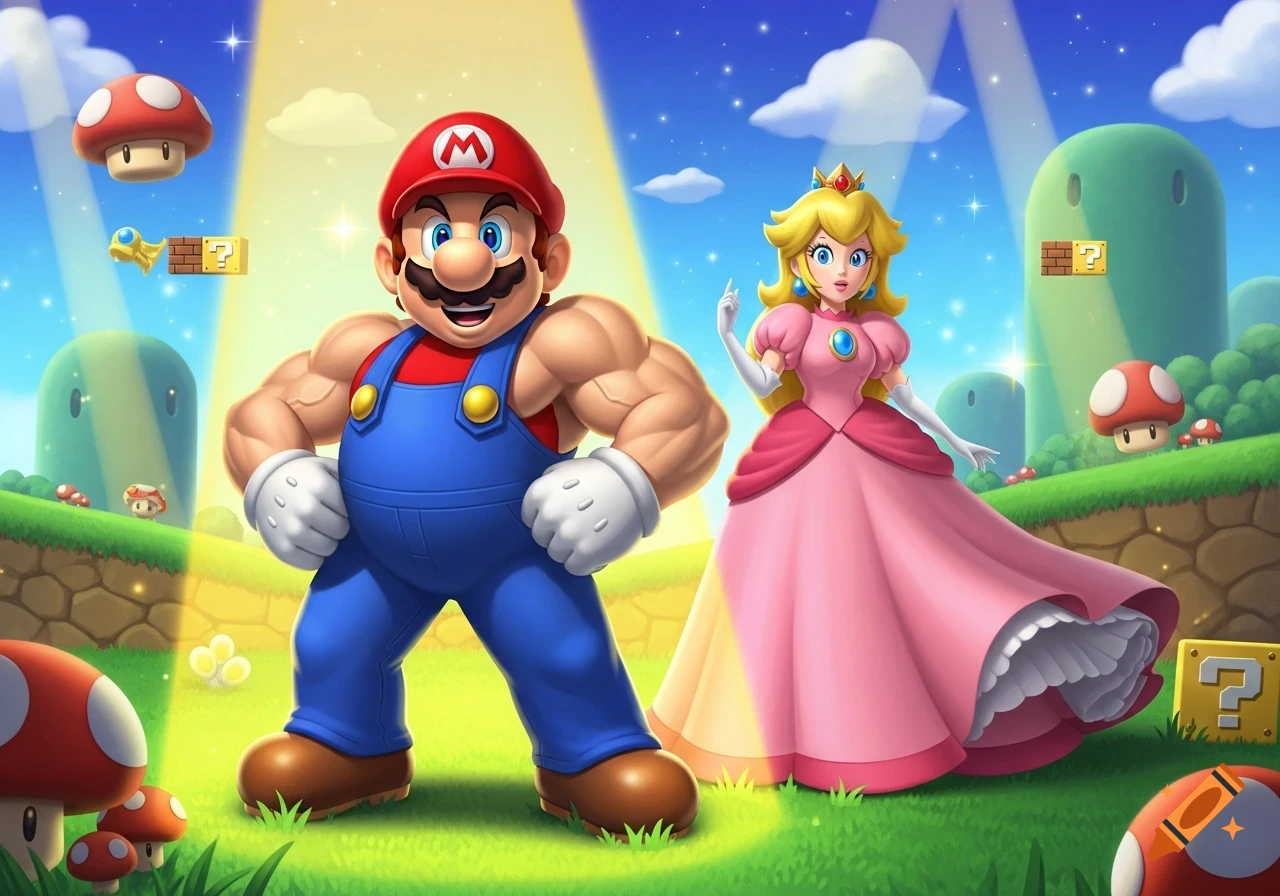 Muscular Mario and Princess Peach stand in a vibrant Super Mario Bros. landscape with mushrooms and floating blocks.