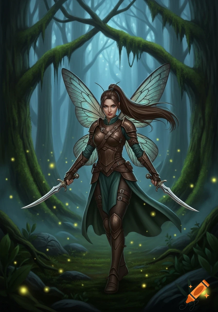 Digital painting of a rogue fairy in leather armor with iridescent wings, holding daggers in a glowing forest.