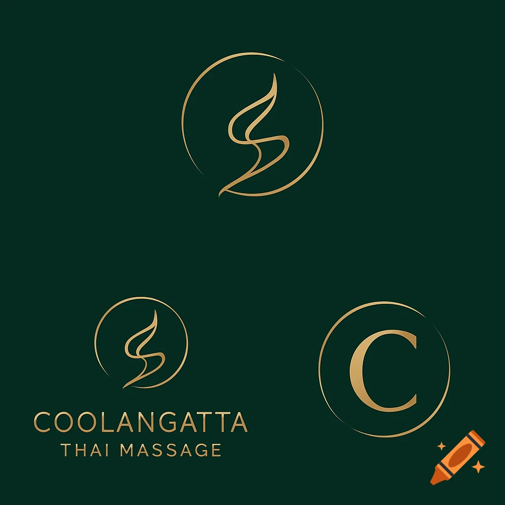 Three golden logos on a dark green background, including an abstract wavy symbol, 'COOLANGATTA THAI MASSAGE' text, and a letter 'C'.