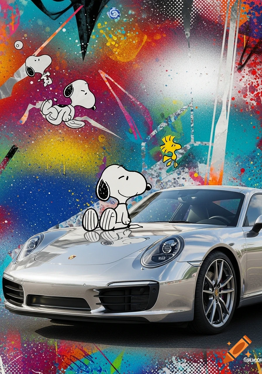 Snoopy sitting on the hood of a silver Porsche, with multiple Snoopy and Woodstock characters floating in a vibrant, colorful, graffiti-style background.