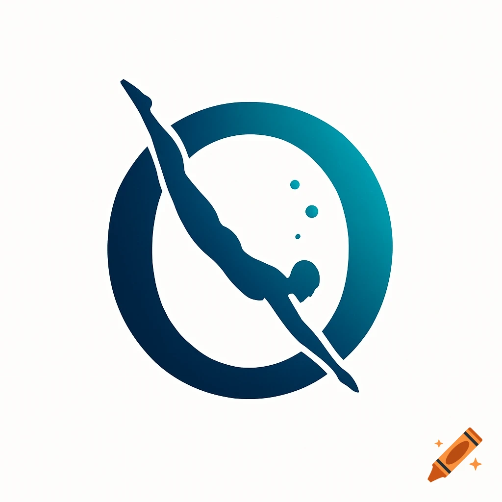 Minimalist logo of a dark blue diver silhouetted against a teal letter O with bubbles.