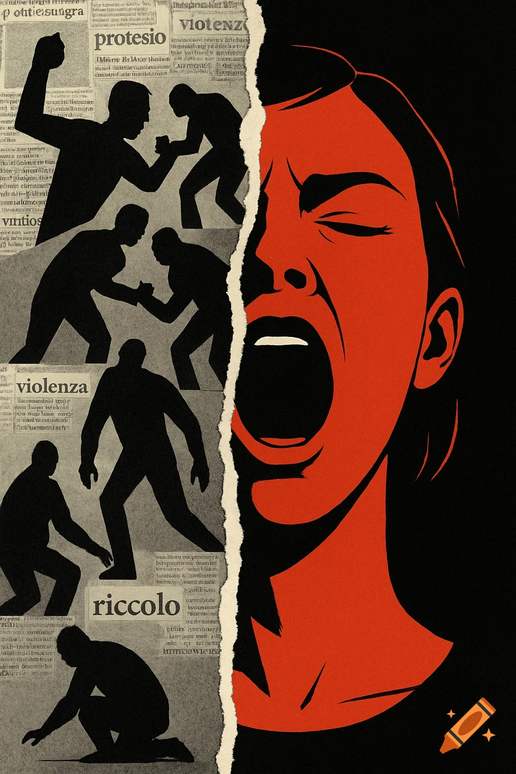 Stylized graphic art depicting a woman screaming, split by a ripped page revealing silhouetted figures engaged in conflict and newspaper text on the left.