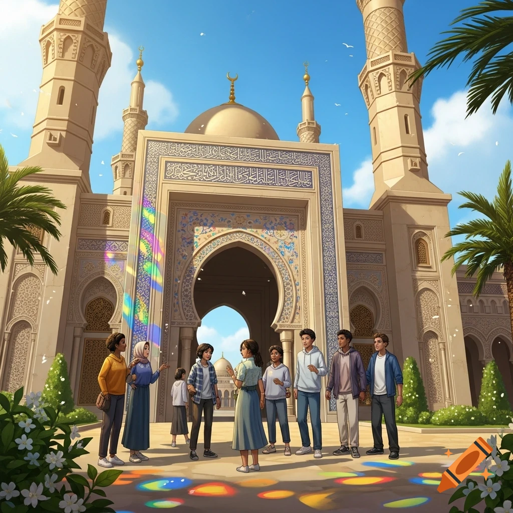 A diverse group of young people gathered outside a grand mosque with minarets, under a blue sky, with colorful light reflections.