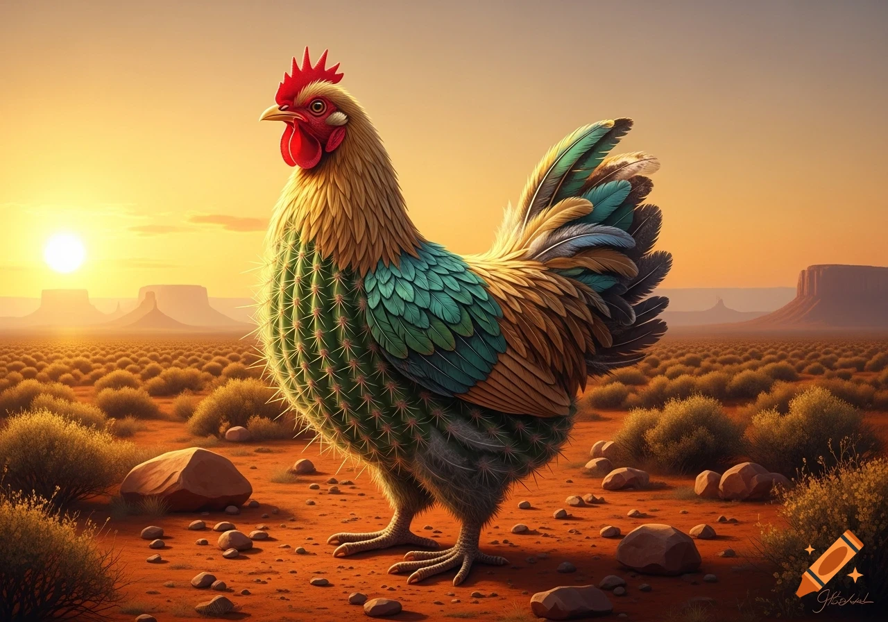 A fantastical chicken with a cactus body stands in a vast desert landscape under a vibrant sunset.