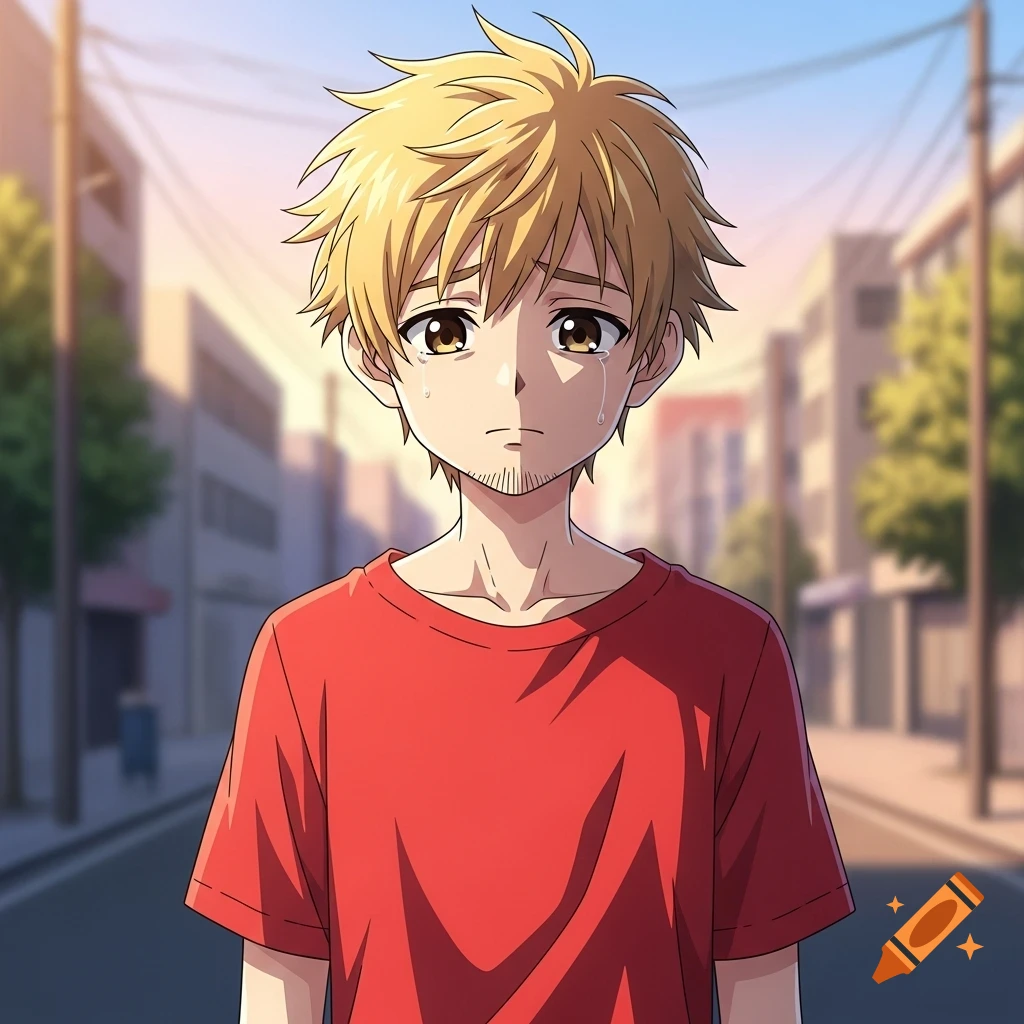 A sad anime-style young man with spiky blonde hair, wearing a red t-shirt, crying on a street with blurred buildings in the background.