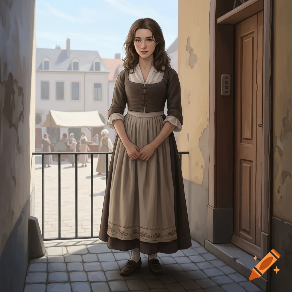Illustration of a young woman in a 1760s brown and beige dress, standing in a quaint cobblestone alley with a village market beyond.