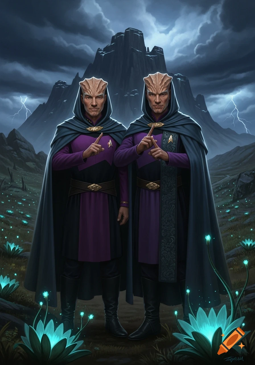 Two alien-like men in hooded cloaks and purple tunics stand in a stormy, mountainous alien landscape with glowing blue plants.