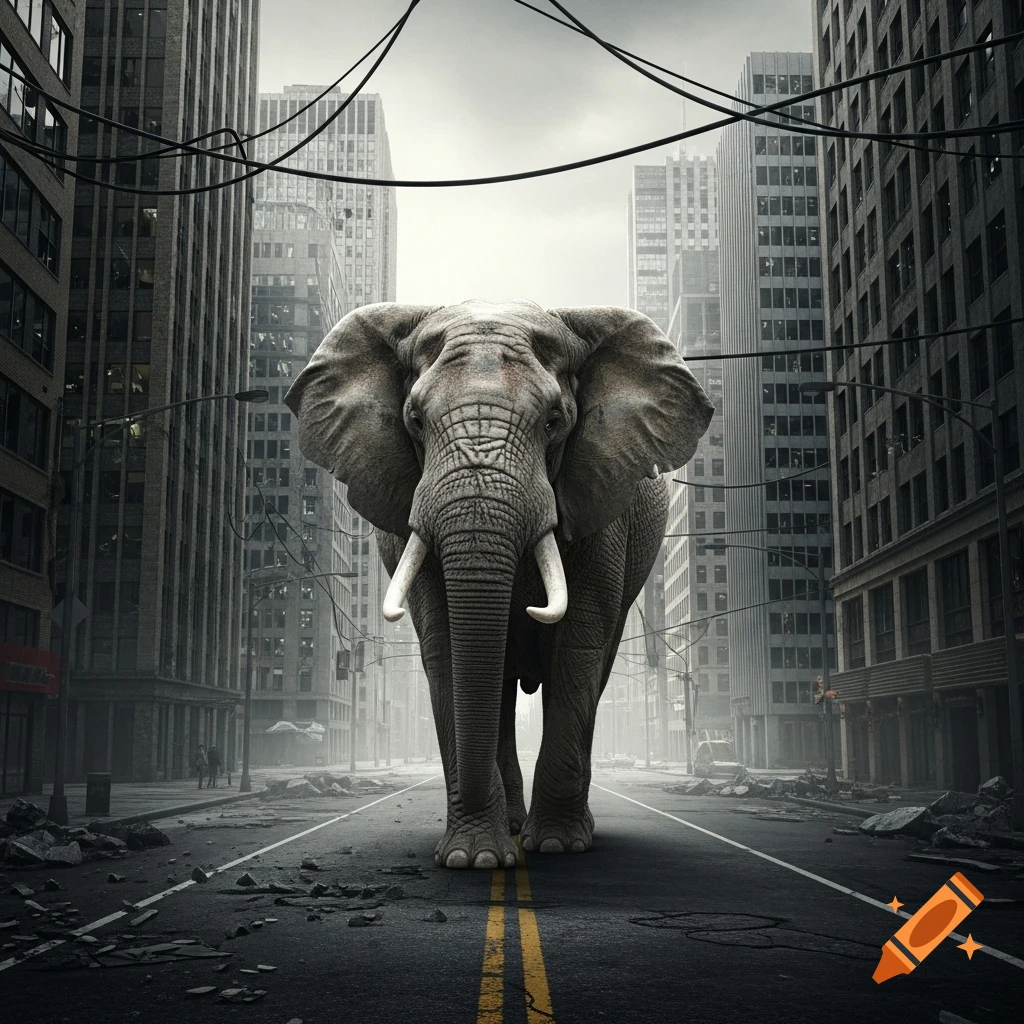 A photorealistic elephant stands in the middle of a desolate, ruined city street with tall buildings and dangling wires.