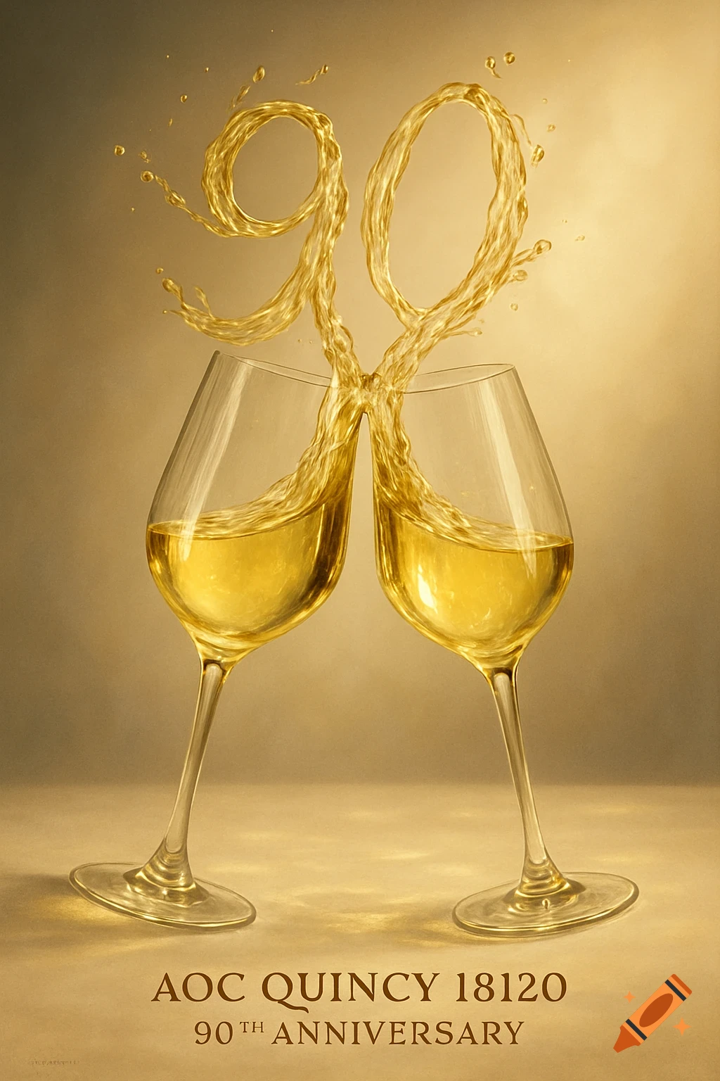 Two wine glasses clinking, white wine splashes forming '90'. Text 'AOC QUINCY 18120 90TH ANNIVERSARY' on a golden background.
