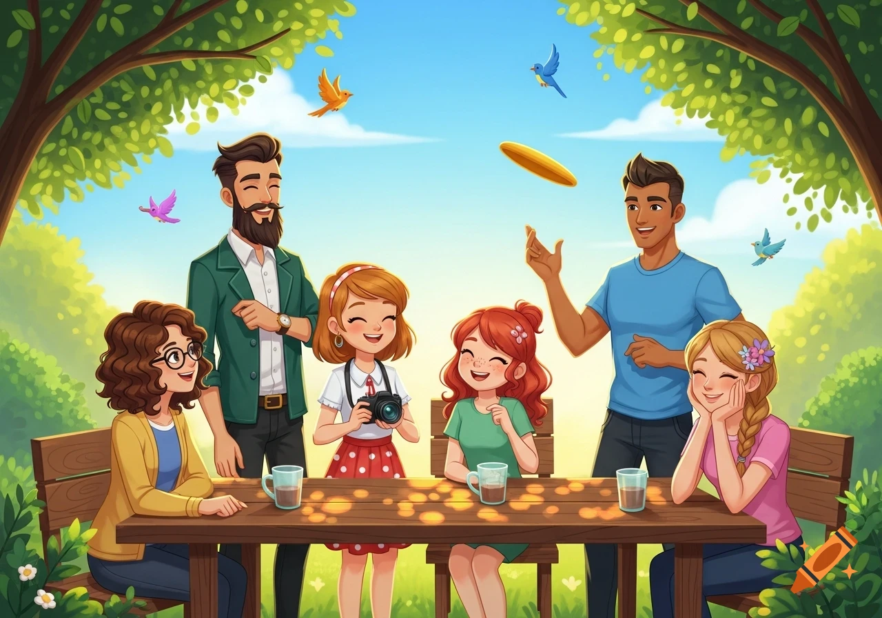 A cartoon illustration of six friends or family members enjoying a picnic outdoors, with one man throwing a frisbee.