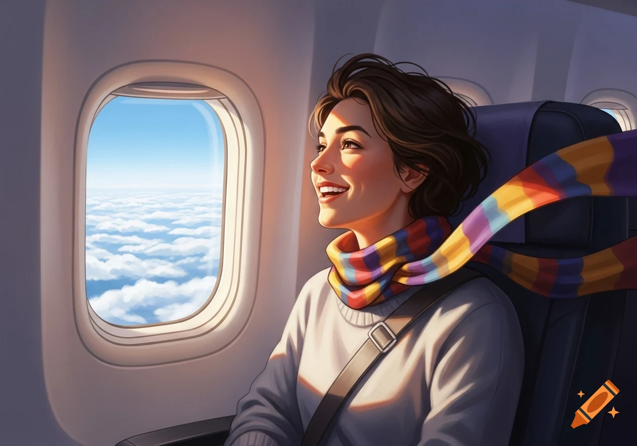 A happy woman with a colorful scarf looks out an airplane window at a sky full of clouds.