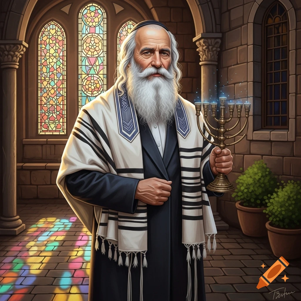 Elderly Jewish man with a white beard, wearing a tallit, holding a menorah in a synagogue with stained glass windows.