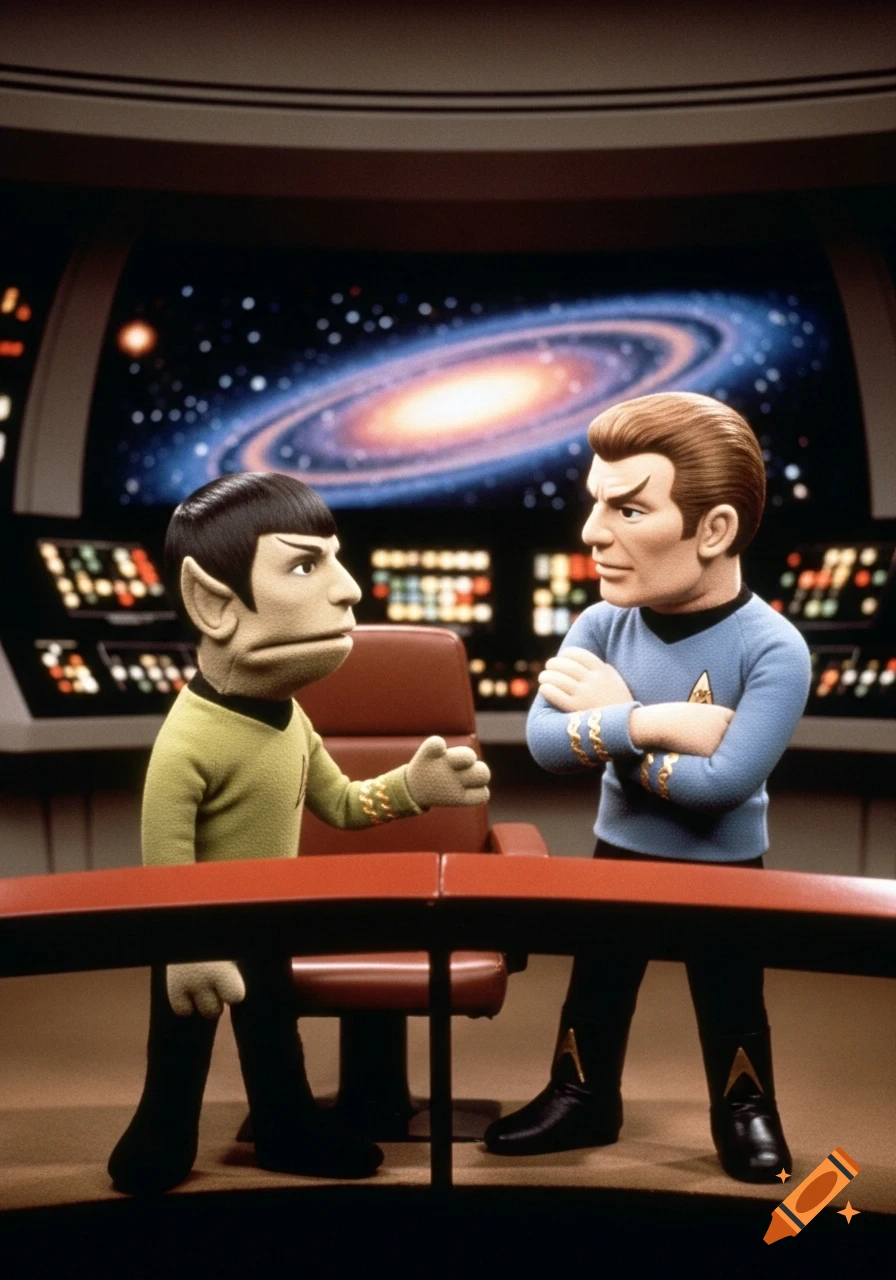 Fleece puppet versions of Spock and Captain Kirk argue on a spaceship bridge, with a galaxy visible on the main screen.