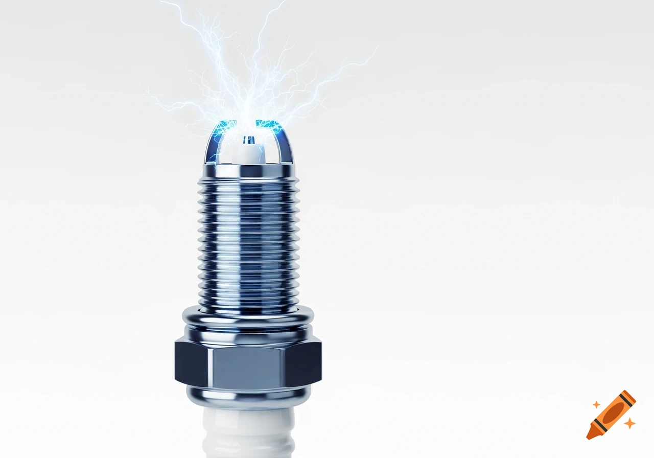 Close-up, photorealistic render of a spark plug with a blue electrical spark emanating from its tip against a white background.