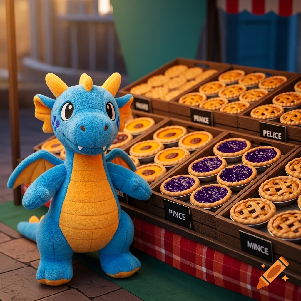 A cute blue and orange plush toy dragon stands beside a market stall laden with various small pies, including blueberry and mince pies.