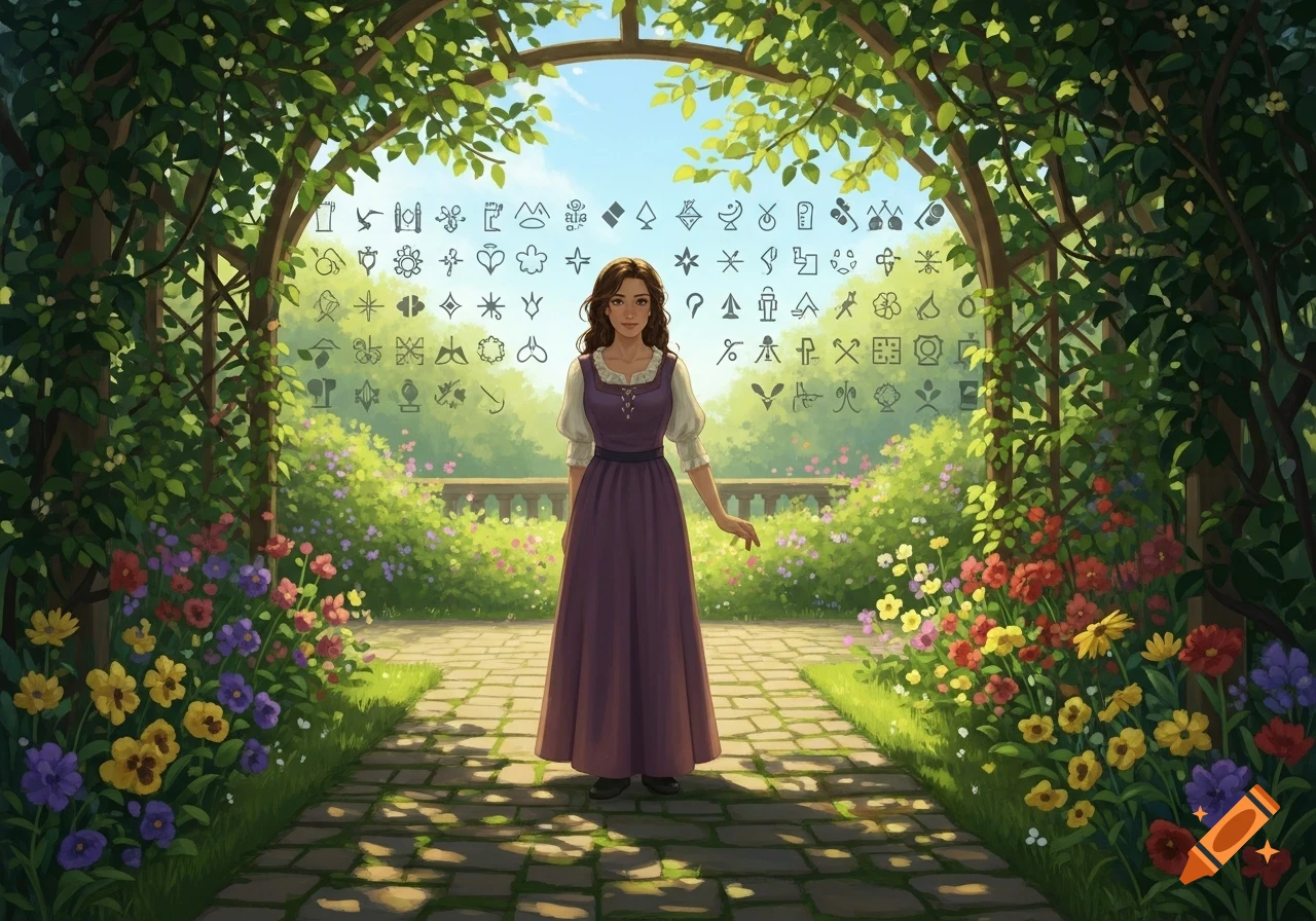A smiling woman in a purple dress stands in a vibrant, sunlit garden ...