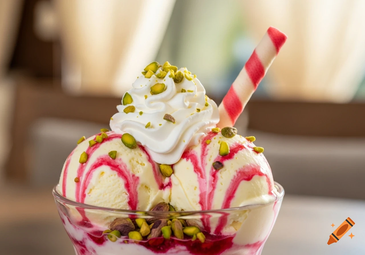 Photorealistic vanilla ice cream sundae with red syrup swirls, topped with whipped cream, green pistachios, and a striped wafer straw.
