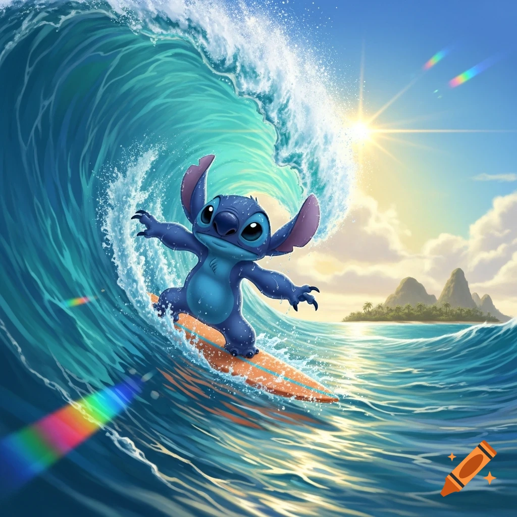 Cartoon character Stitch happily surfing a large blue wave under a bright sun with tropical islands in the background.