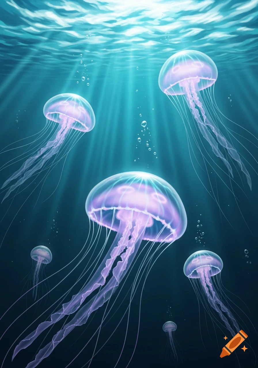 Multiple glowing purple jellyfish swim in a deep blue ocean with sun rays filtering from the surface.